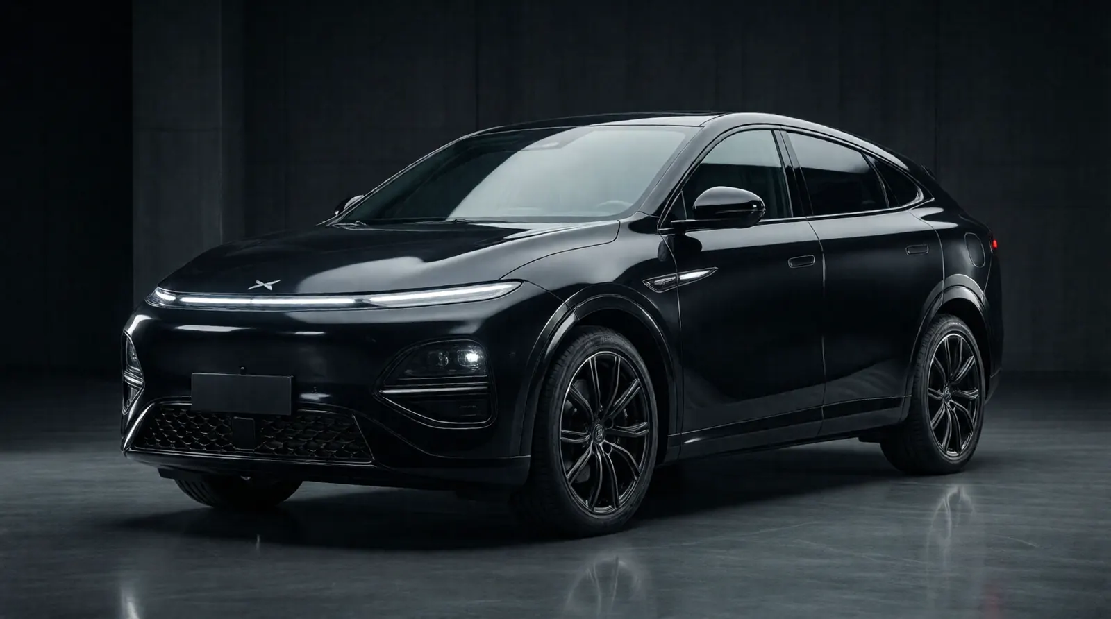Black Xpeng G6 in the studio, front three-quarter view