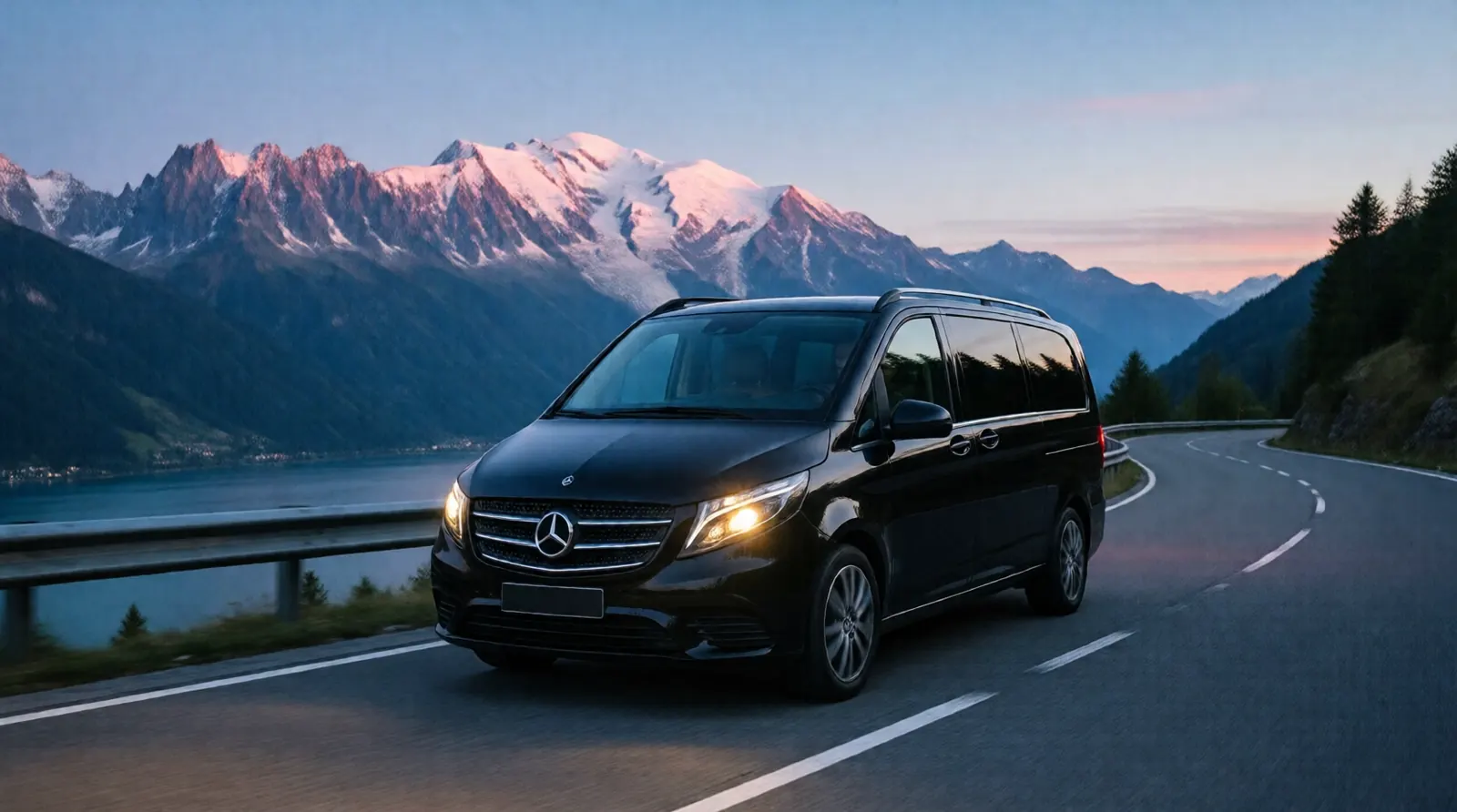 Un van Mercedes noir sur une route de montagne au-dessus du lac d'Annecy, à l'heure bleue